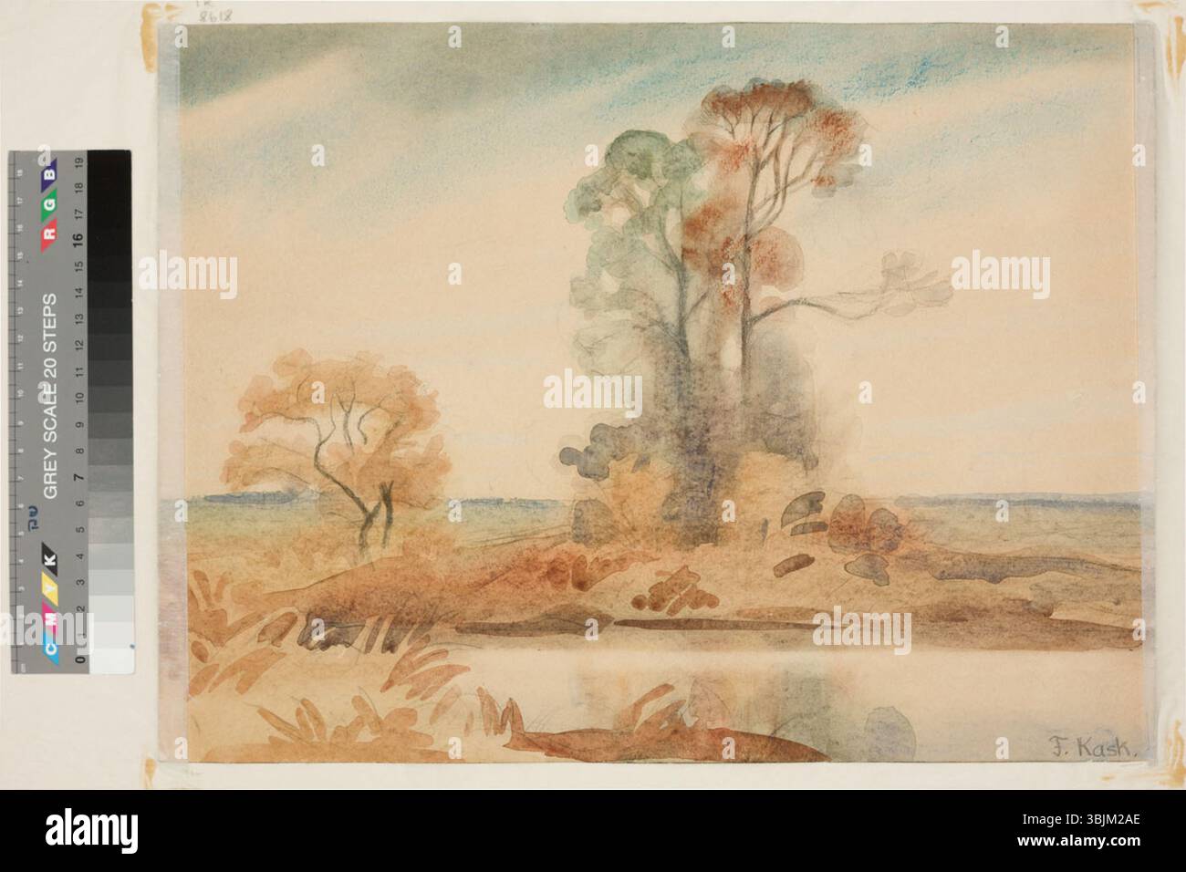 Ferdinand Adolf Kask’s 'Maastik' is a watercolor landscape on paper enhanced with colored pencil details, illustrating natural scenery. Stock Photo