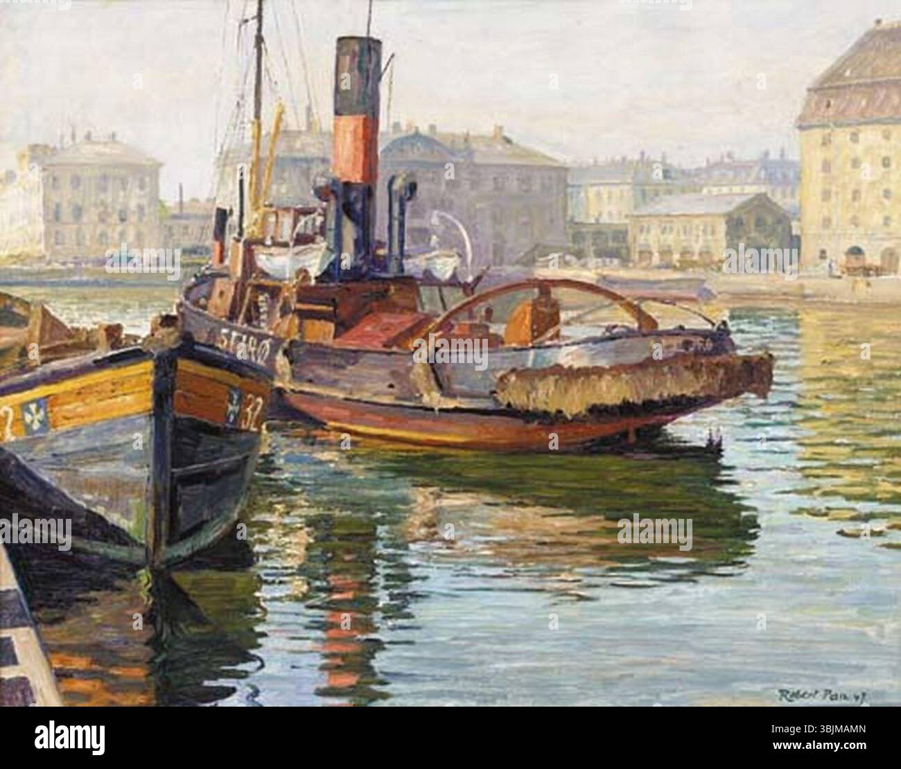 This 1947 painting by Robert Panitzsch depicts a tugboat in the port of ...