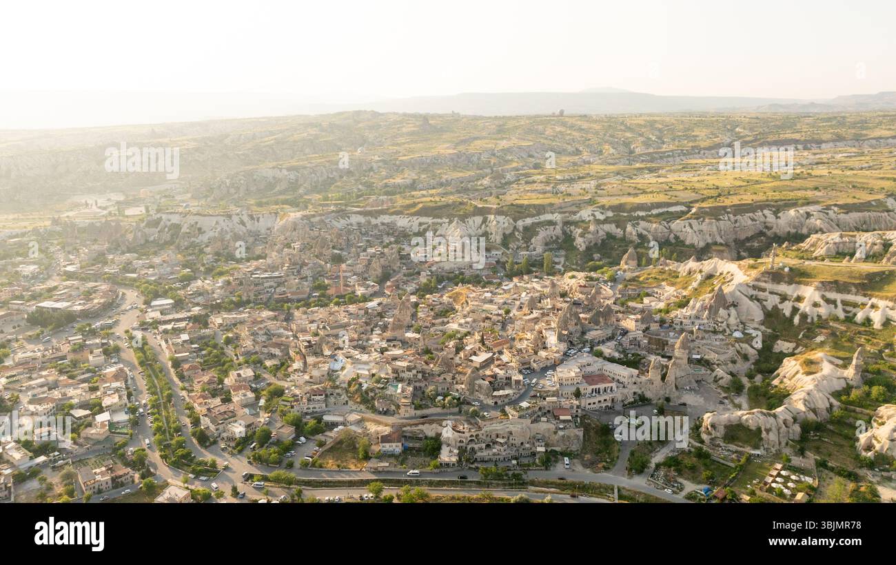 Aerial view of Goreme Town Center historic building with fairy chimney ...
