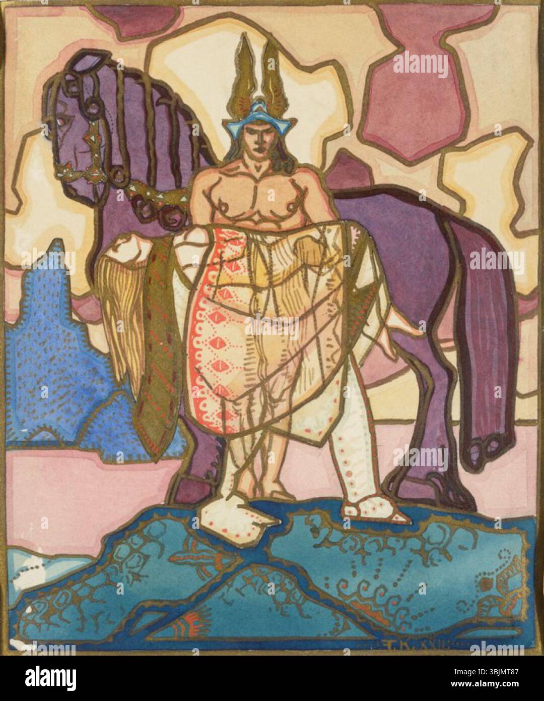 'Mütoloogiline stseen' by Ferdinand Adolf Kask (1900–1941) is a watercolor painting on paper depicting a mythological scene. The artwork uses symbolic imagery and fine brush technique. Stock Photo