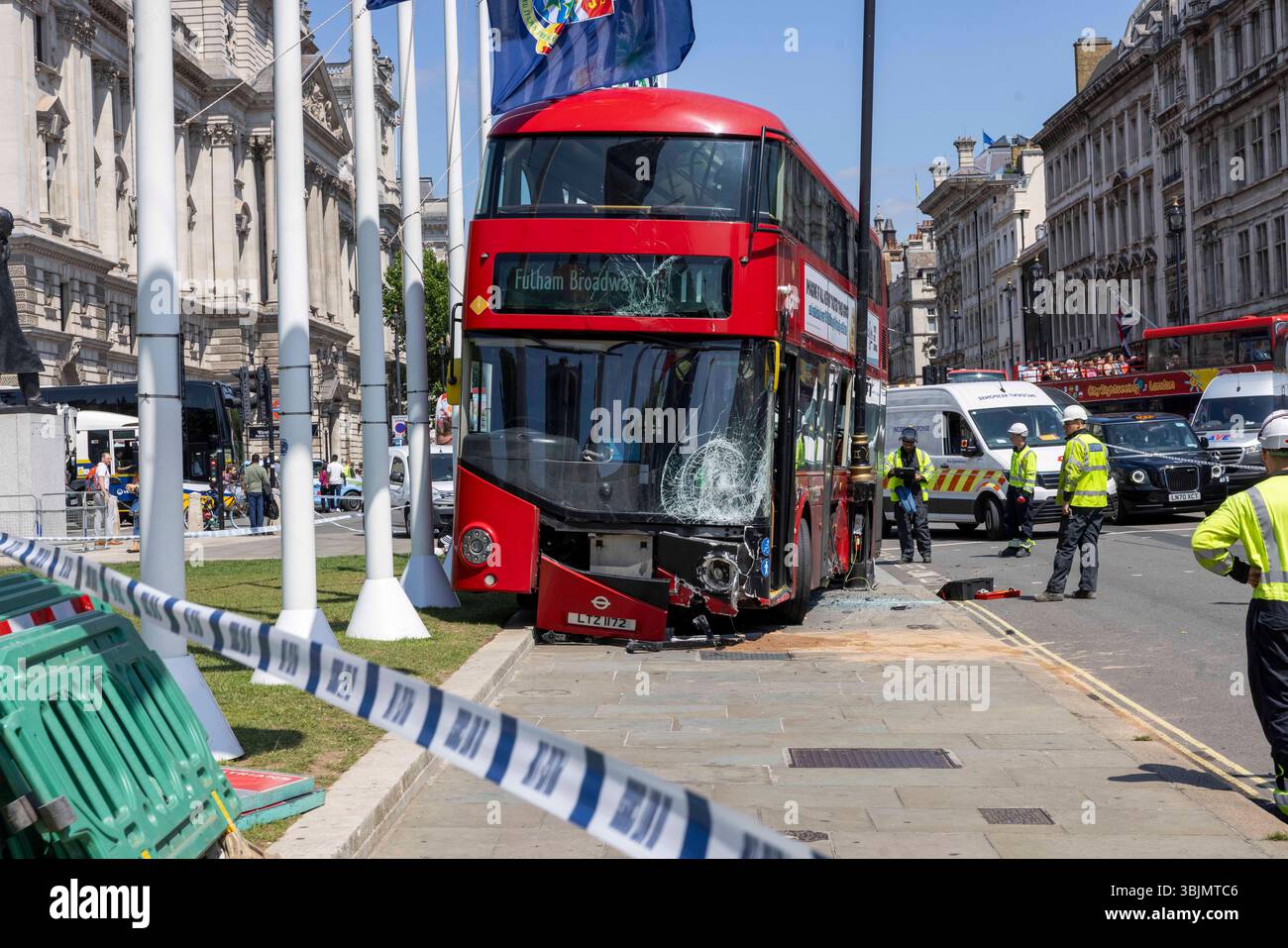 London, UK 16 June 2025 A number 11 Double decker bus crashes into a ...
