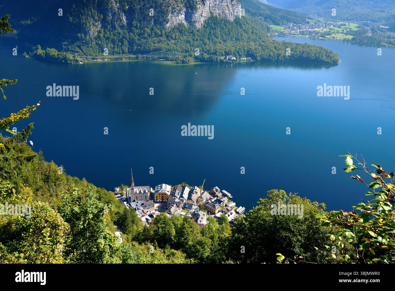 Hallstatt and Lake Hallstatt Austria High Angle View. High angle view of historic Hallstatt village on Hallstatter lake in the Austrian Alps. Stock Photo