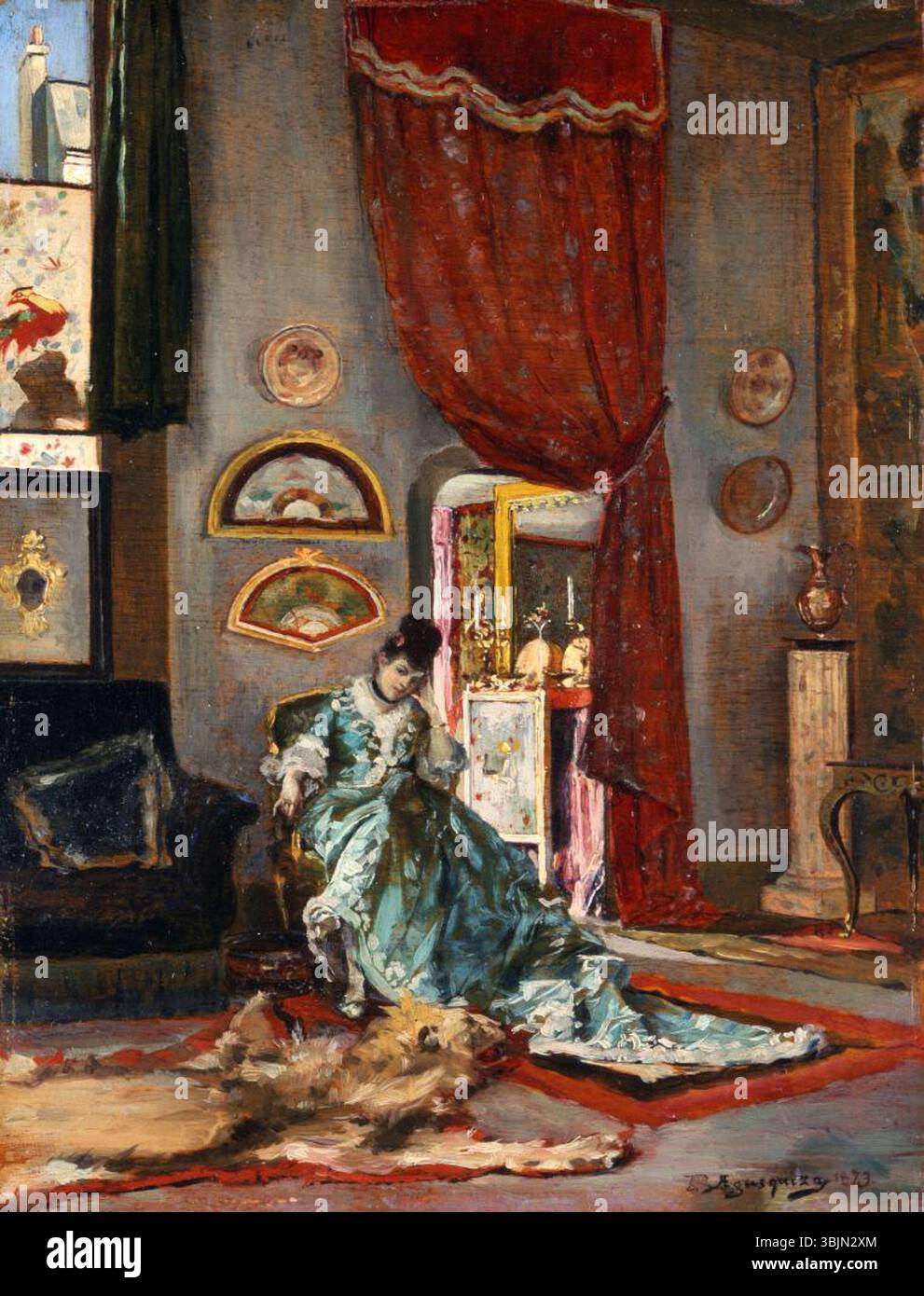 Rogelio de Egusquiza (1845–1915) painted Lady in a Fancy Interior in 1873. The oil on panel depicts a woman seated within an elaborately decorated interior setting. Stock Photo