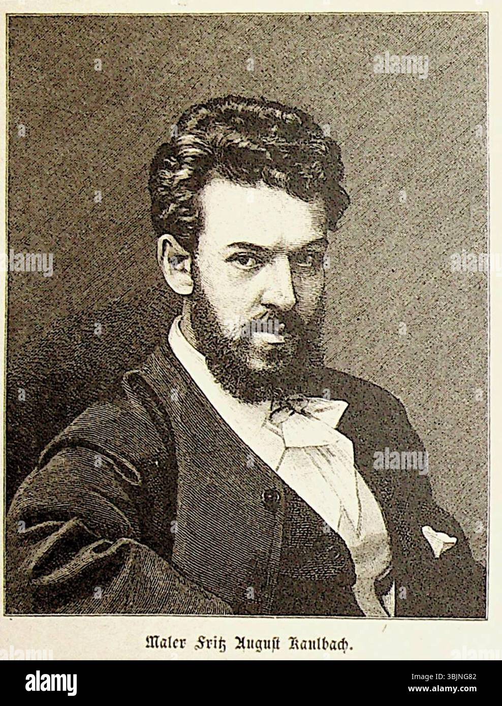 An unsigned xylography from circa 1885 depicts artist Fritz August Kaulbach. This woodcut print represents the 19th-century printmaking technique used to reproduce images in detail. Stock Photo