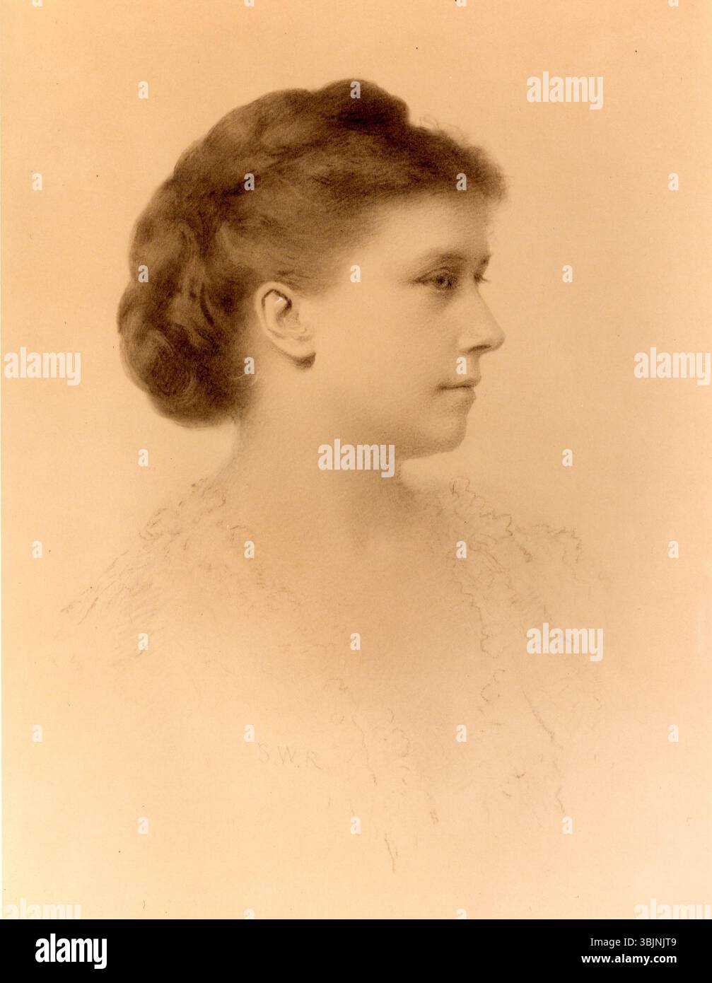 This charcoal drawing by Samuel Worcester Rowse (1822–1901) depicts Fanny Crowninshield, the wife of John Quincy Adams II, from the 19th century, showcasing Rowse’s skill in capturing the likeness of prominent figures. Stock Photo