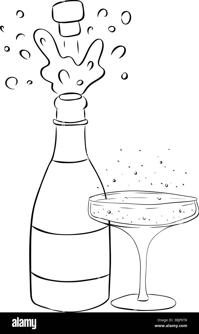 Champagne bottle with glass black and white composition isolated ...