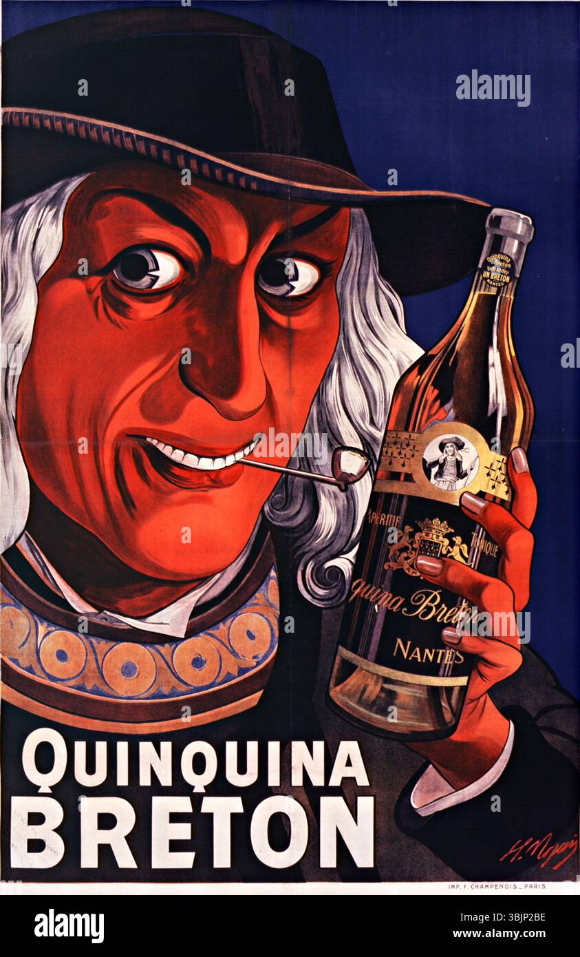 Eugène Ogé’s 'Quinquina Breton' (1911) is a color lithograph produced by F. Champenois in Paris. The poster is a vibrant advertisement for Quinquina Breton, a beverage, using bold colors and dynamic design typical of Ogé’s commercial art style. Stock Photo