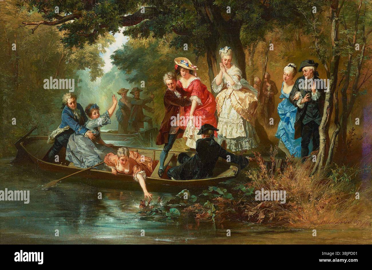 'Die Rettung des Hündchens' (1873) by Norbert Schrödl depicts the dramatic rescue of a dog in a rural scene. The oil on canvas captures the emotional intensity of the moment, emphasizing the human-animal connection. Stock Photo