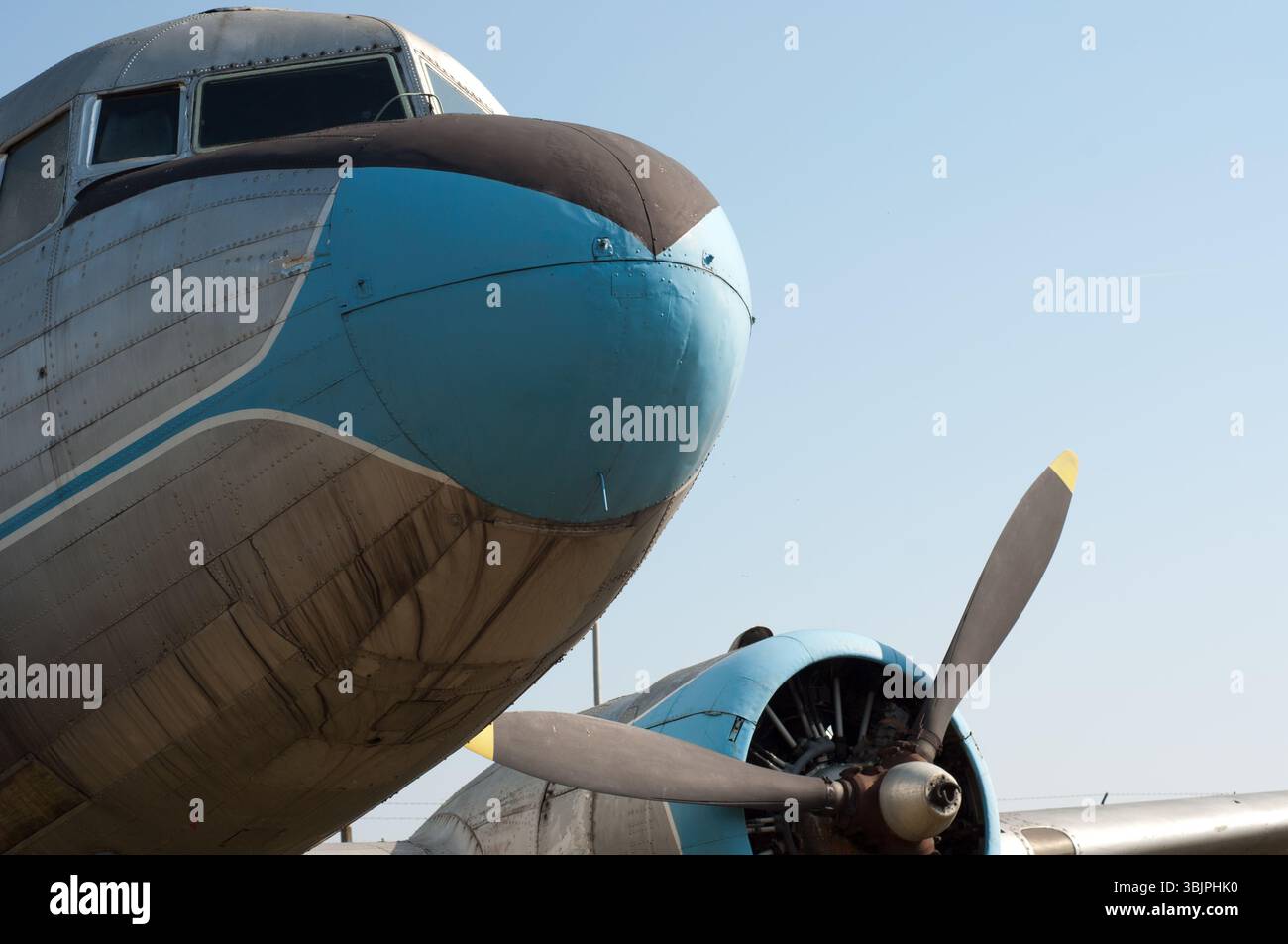 Close up view of a vintage propeller airplane Stock Photo