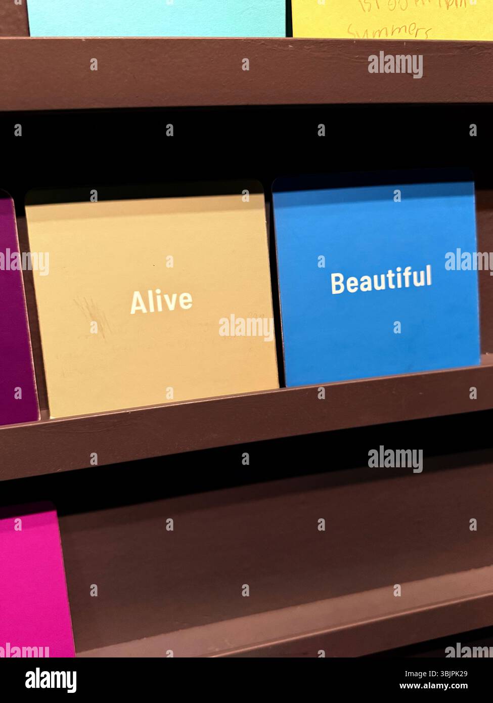 Cards reading "Alive," "Beautiful" - Smartphone Captured Stock Image