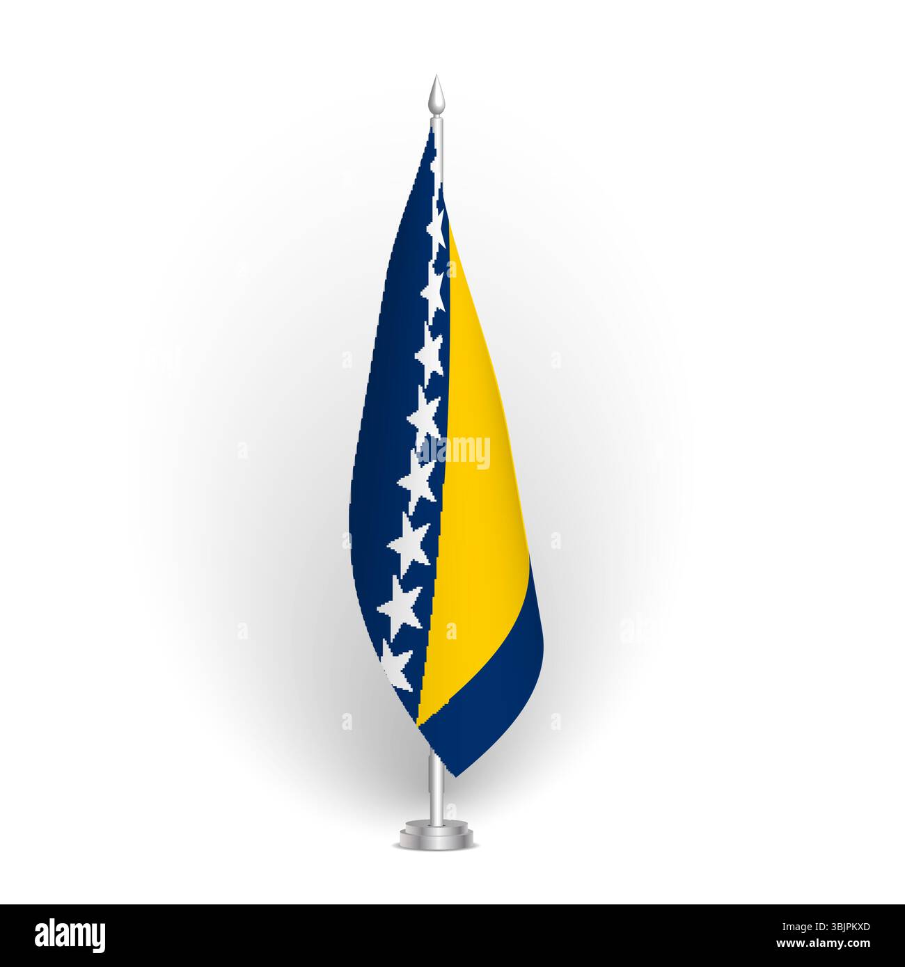 Bosnia and Herzegovina flag - 3D standard conference flag hanging on ground flagpole. Usable for summit, indoor meeting, board room, government office, press room or reception. Vector flag shading Stock Vector