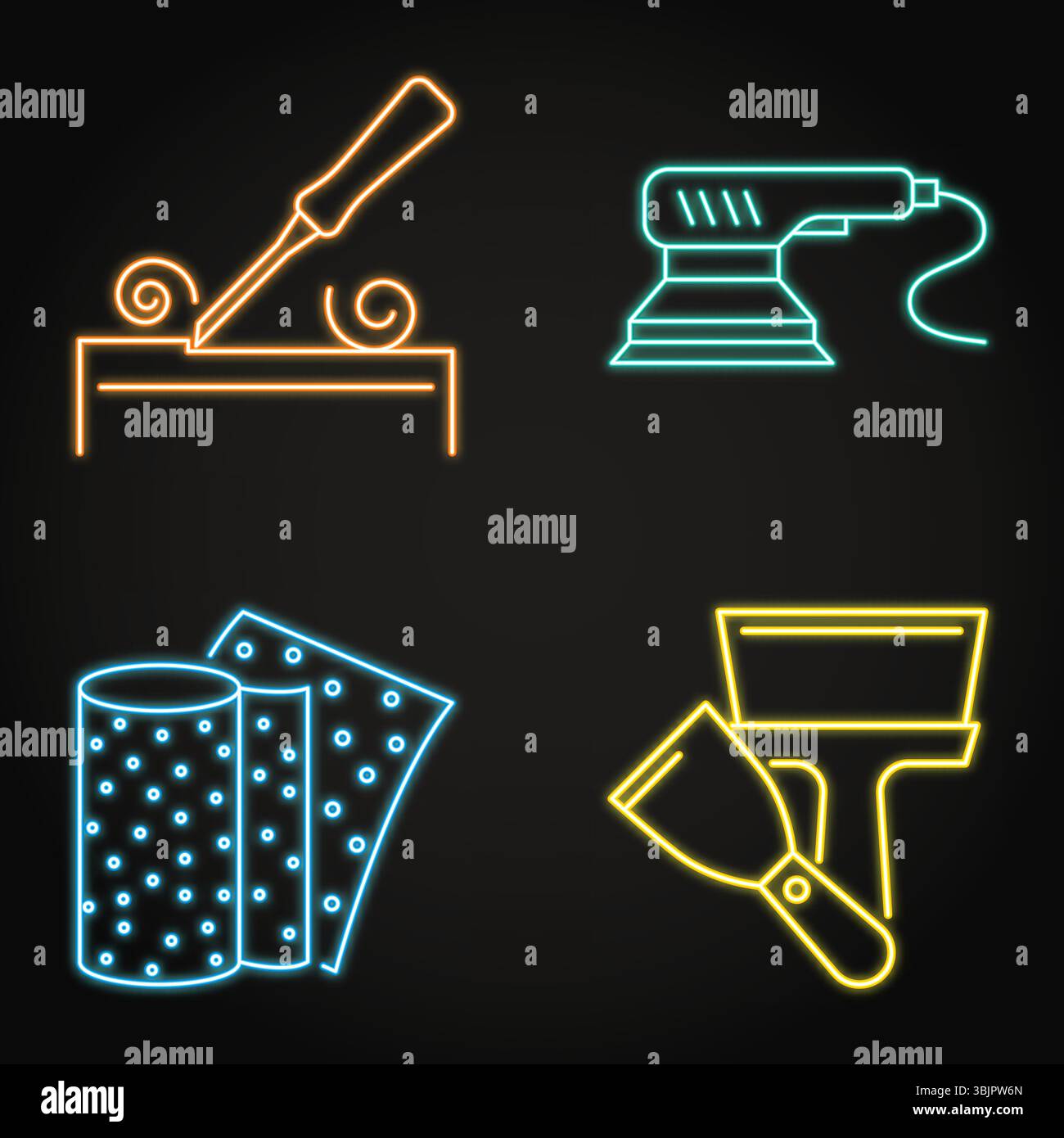 Furniture renewal tools neon icon set. Scraper craft instruments ...