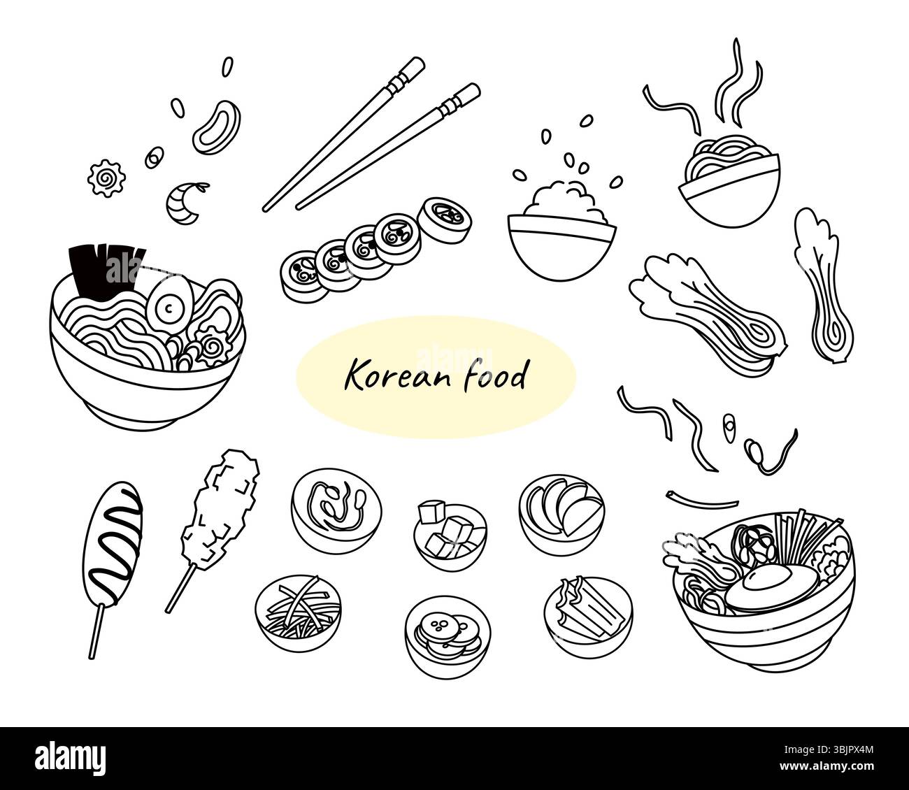 Korean food set black and white doodle illustration on white background Stock Vector