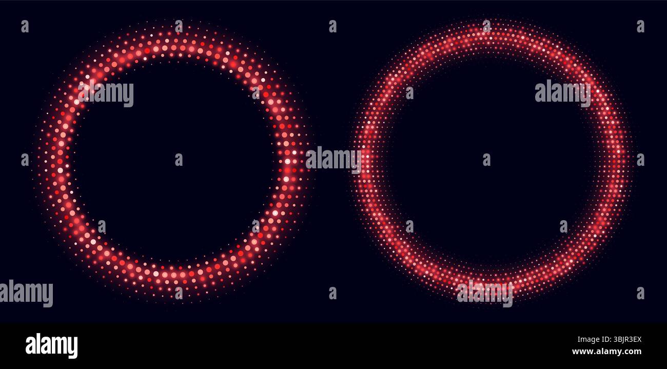 Red halftone frames, glowing circle borders, round pattern with dots, radial disco luxury design element. Stock Vector