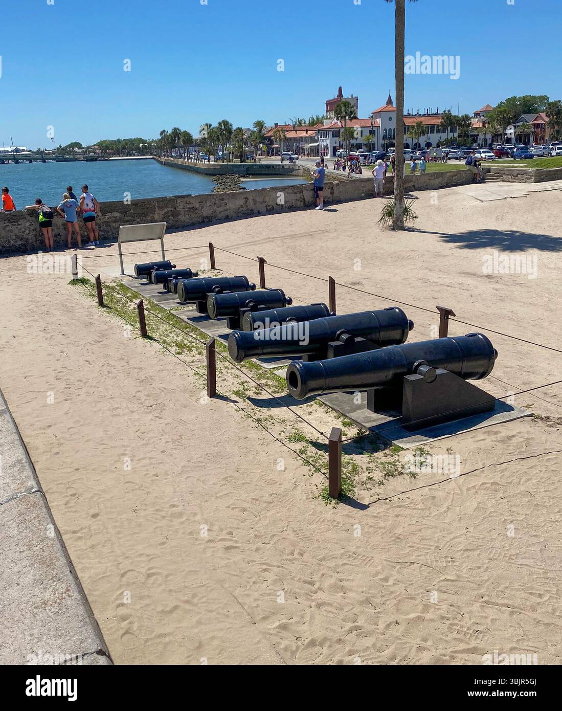 Castillo de San Marcos is the oldest masonry fort in the USA. A row of cannon of various sizes is set up on display inside the sea wall. - Smartphone Captured Stock Image