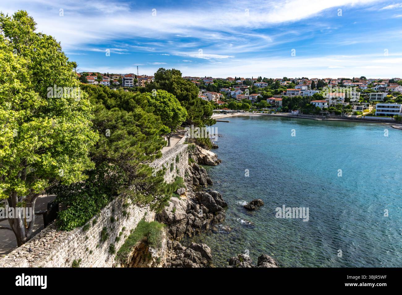 The castle of the famous Croatian noble family Frankopan in Krk, ruins of the tower, courtyard with a square tower, walk along the walls Stock Photo