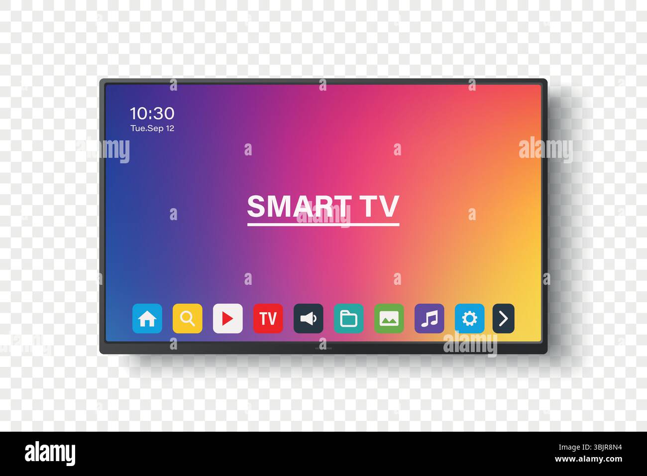 Vector 3d Realistic Smart TV Interface with Apps on Screen. Flat Smart Television Mockup with Remote App Icons, Colorful Home Media Display, Streaming Stock Vector