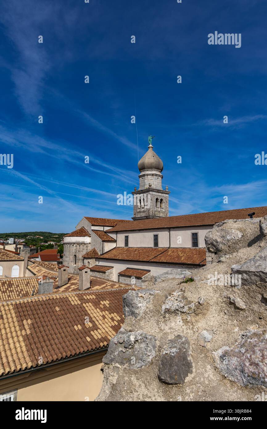 The castle of the famous Croatian noble family Frankopan in Krk, ruins of the tower, courtyard with a square tower, walk along the walls Stock Photo