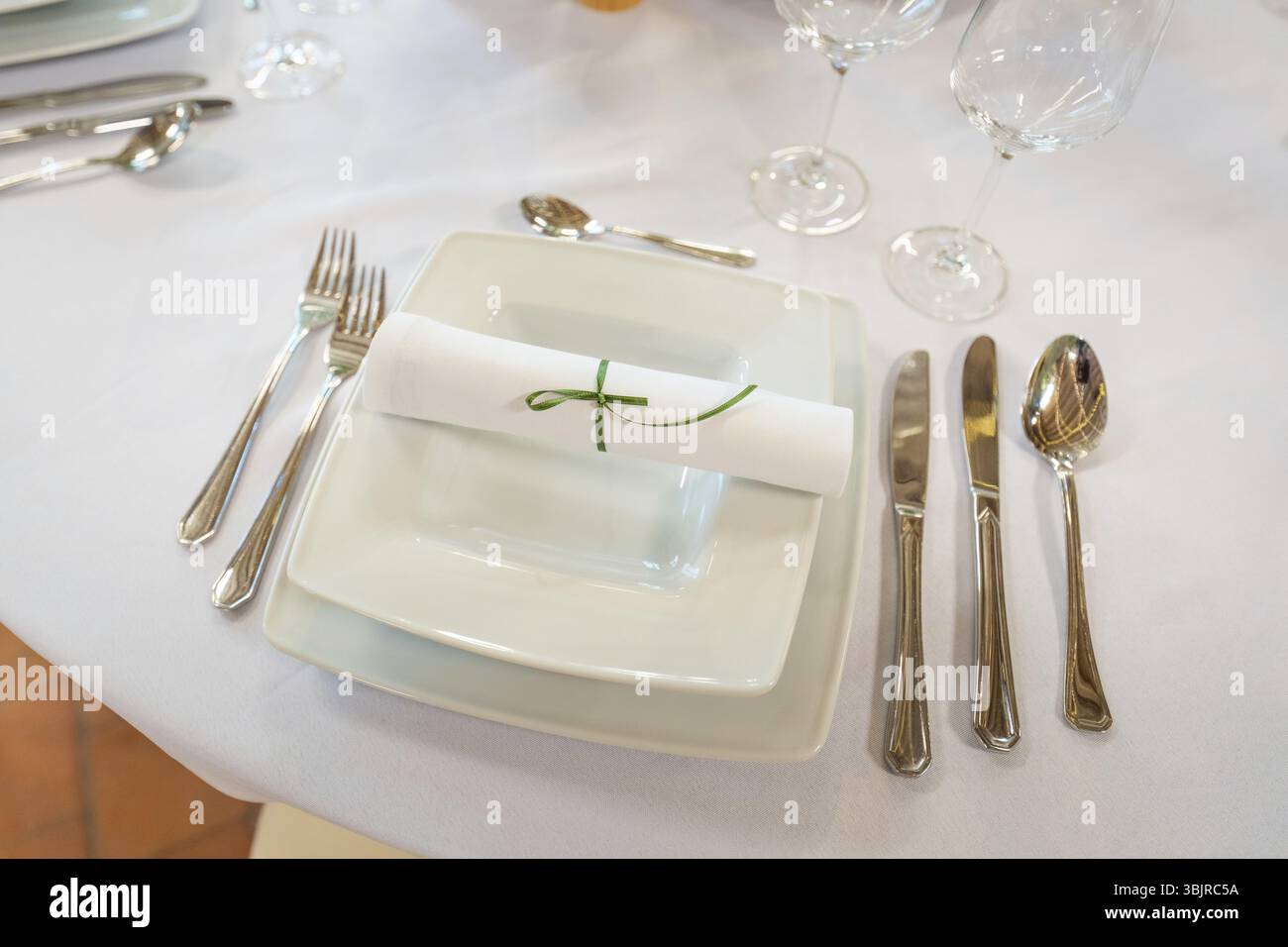 Minimalist table decoration with folded napkin and elegant cutlery, event and wedding location Kloster Lorch, Lorch, Germany, Europe Stock Photo