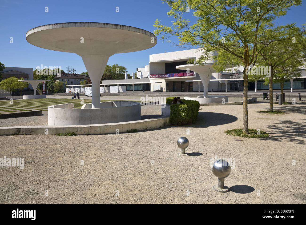 Georg-Buechner-Platz with white concrete mushrooms and the State Theatre, public square, Darmstadt, Hesse, Germany, Europe Stock Photo