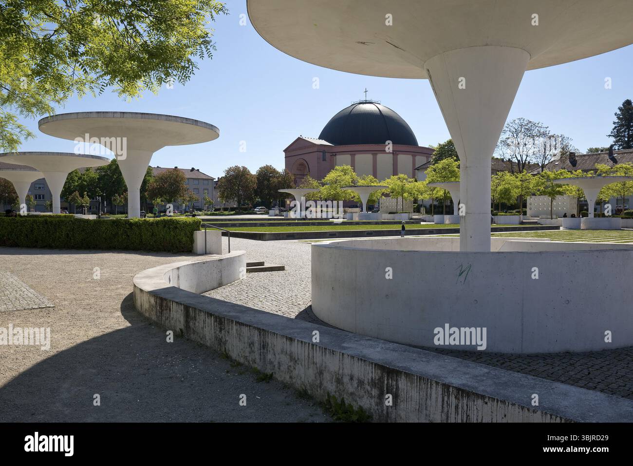 Georg-Buechner-Platz with white concrete mushrooms and St Ludwig's Church, public square, Darmstadt, Hesse, Germany, Europe Stock Photo