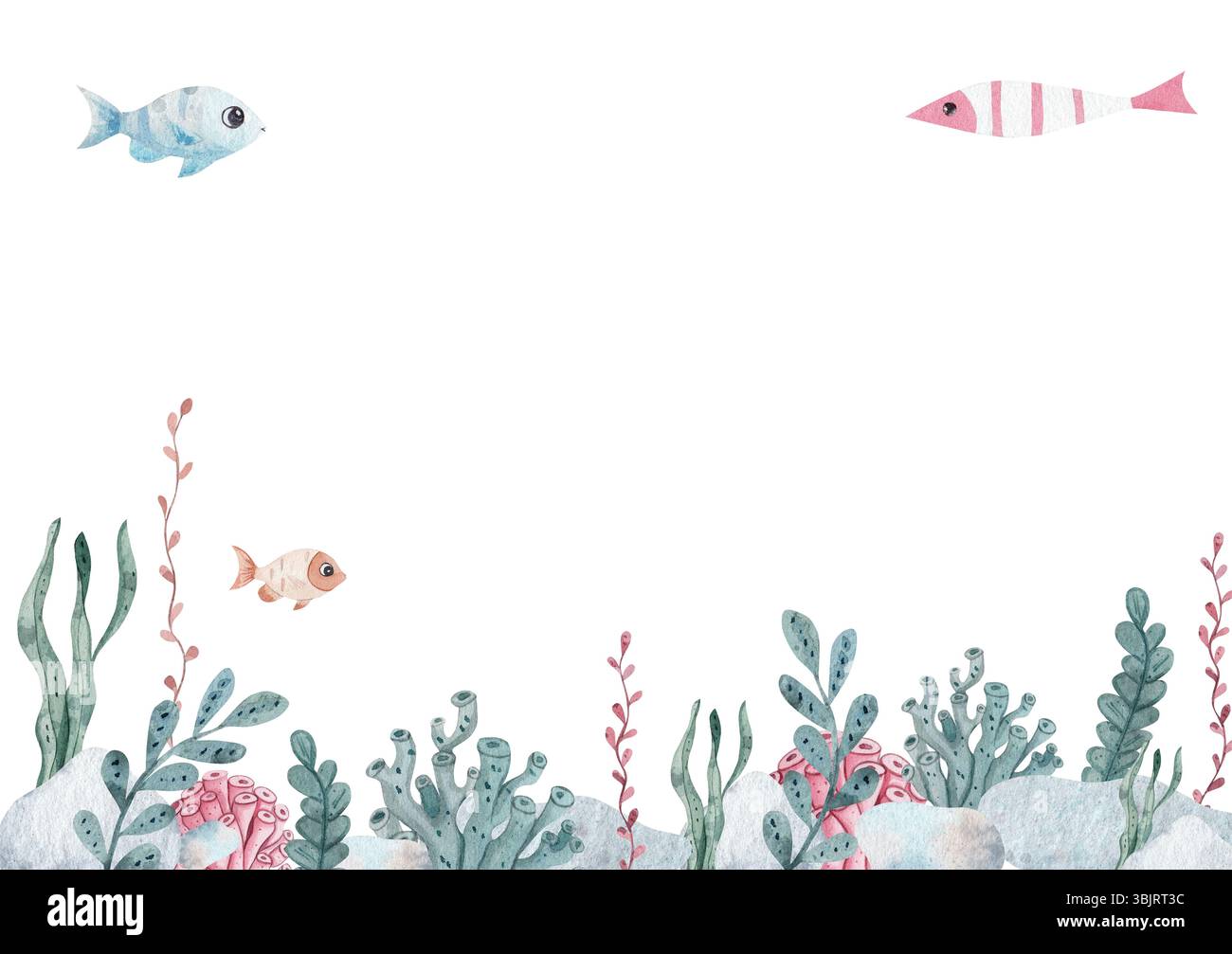 Watercolor rectangle template with fish, seaweed and bubbles. white ...