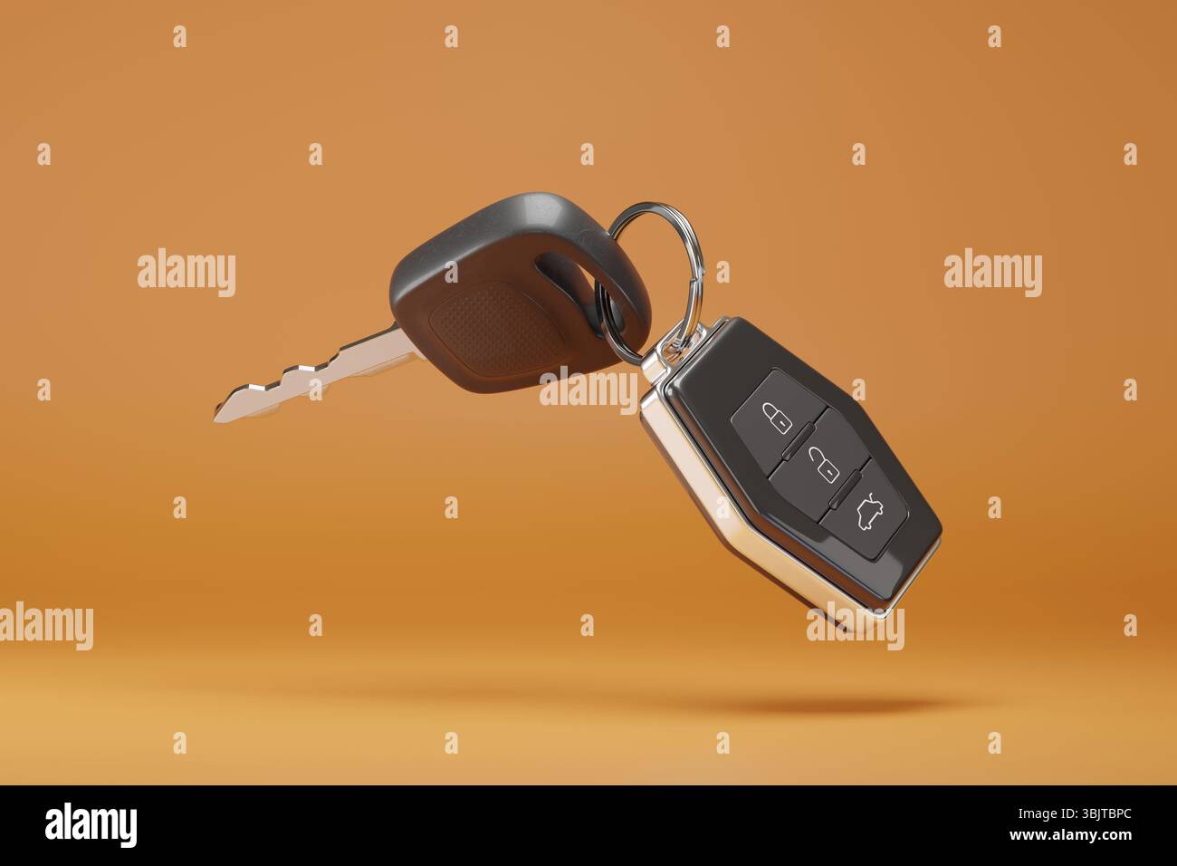 Car key with remote control on orange background. 3D illustration. Stock Photo
