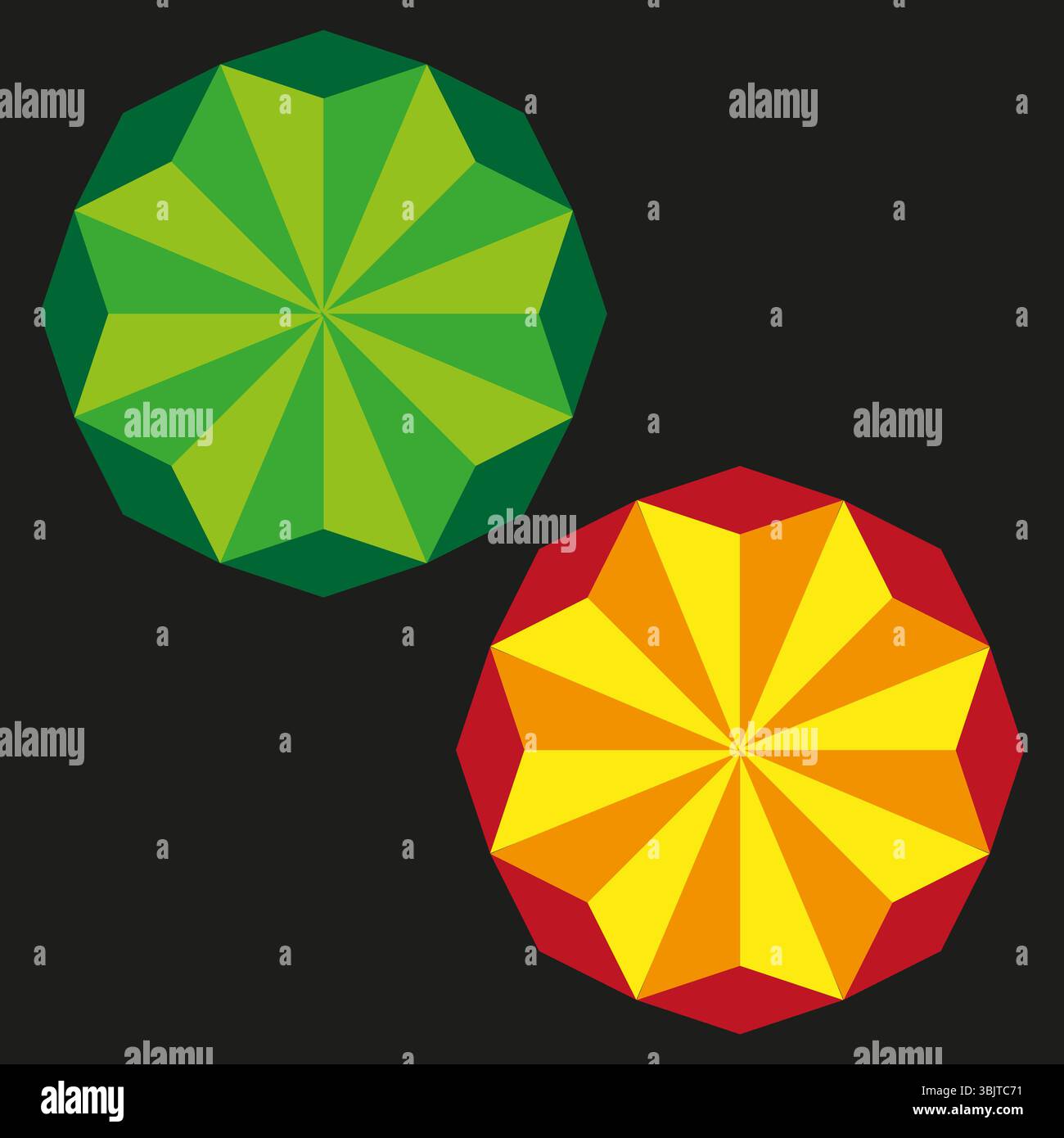 Geometric polyhedra shapes. Abstract starburst elements. Green orange pattern. Vector modern design. Stock Vector