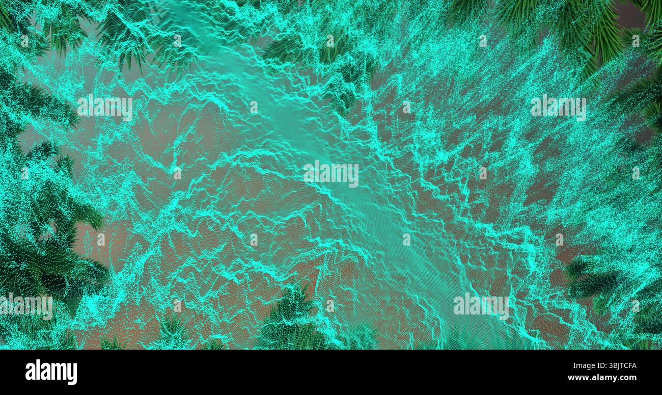Swirling glowing teal particles forming rippling mesh waves in dark digital space, visualizing data Stock Photo