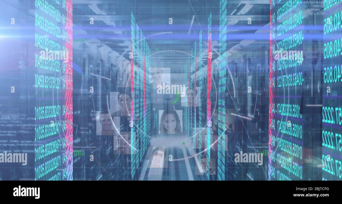 Streaming binary code streams on server racks, floating headshot icons, circular HUD in data center Stock Photo