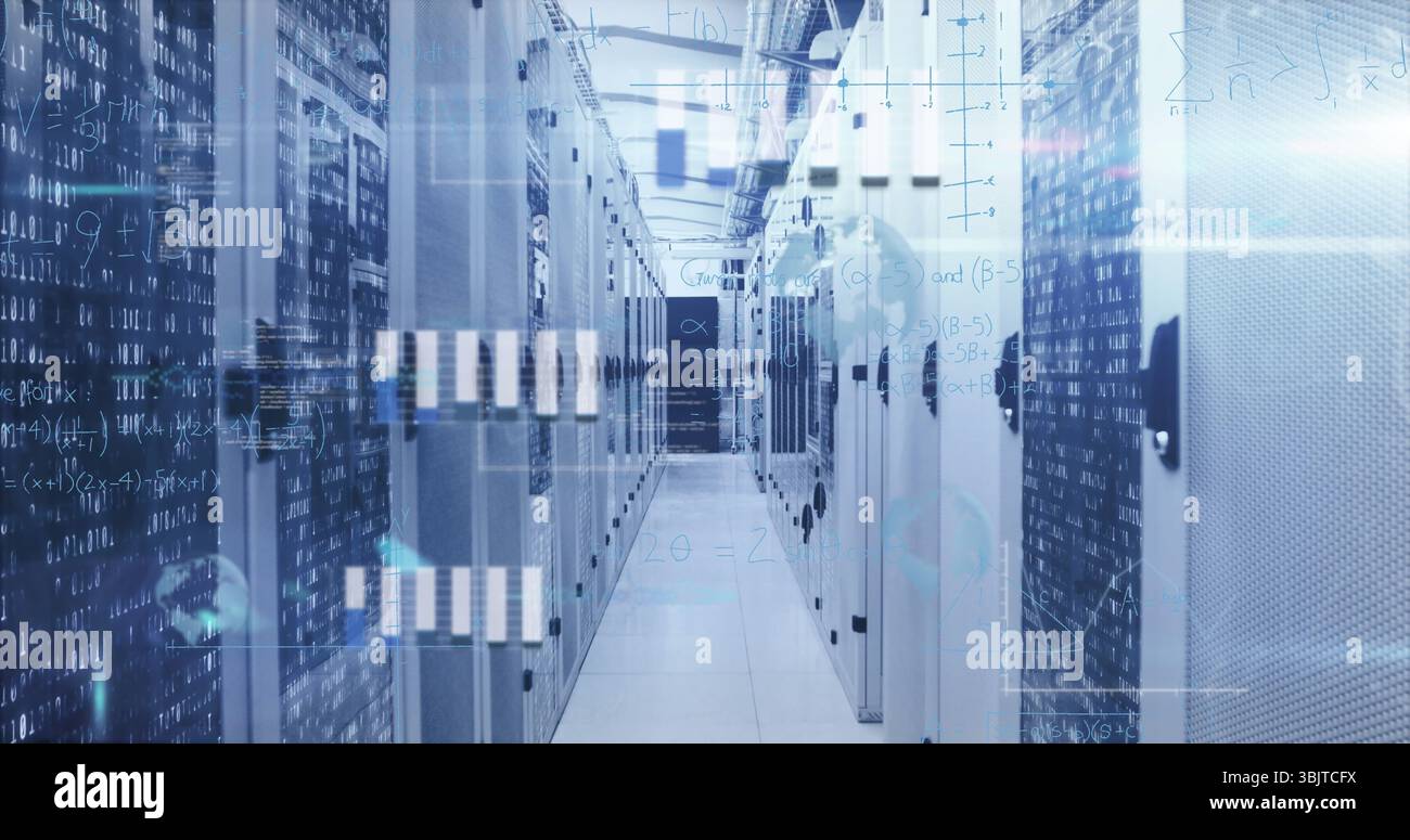 Displaying server cabinets in corridor flashing LEDs and overlaying code graphics in data center Stock Photo