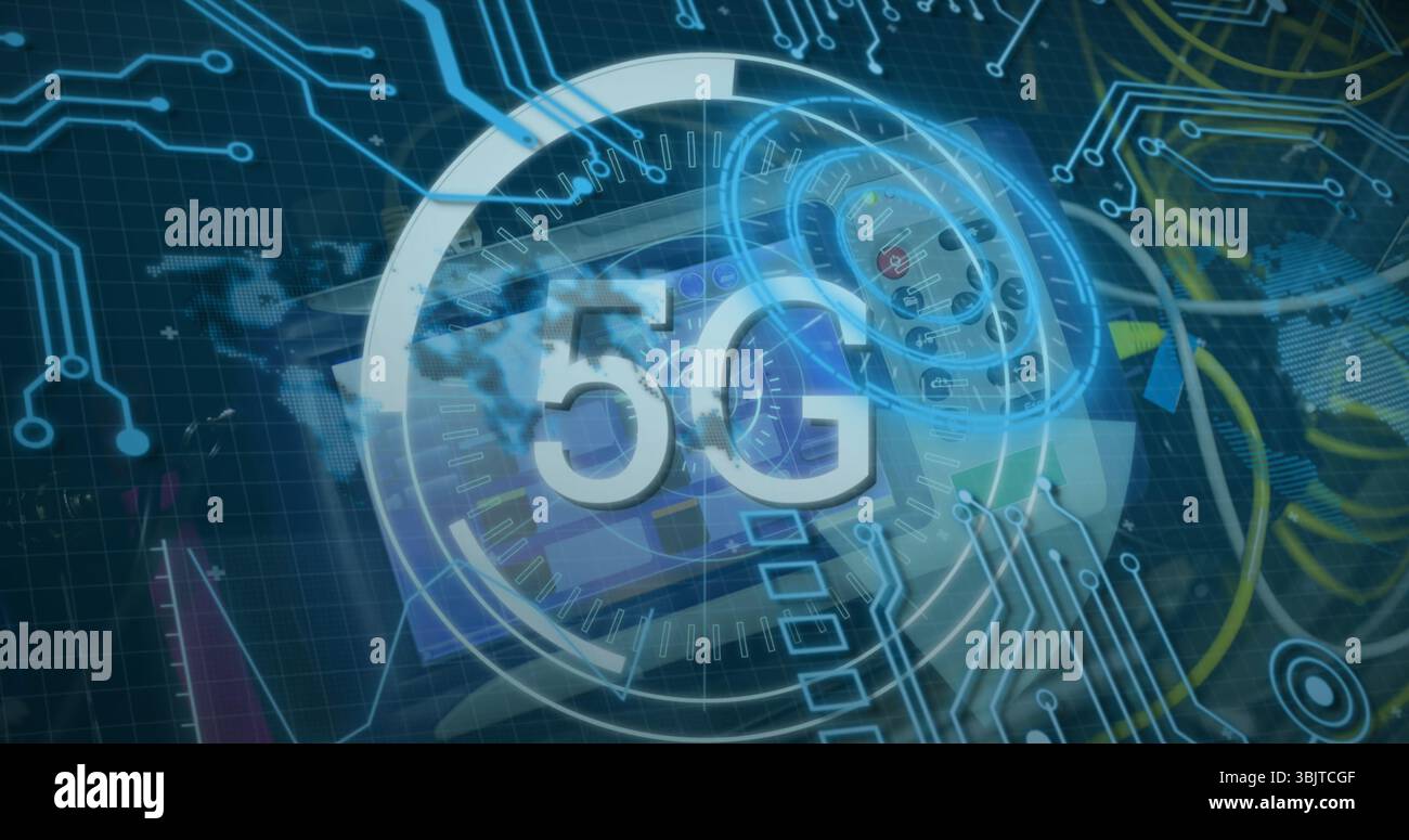 Hovering semi-transparent 5G logo above digital interface environment ...