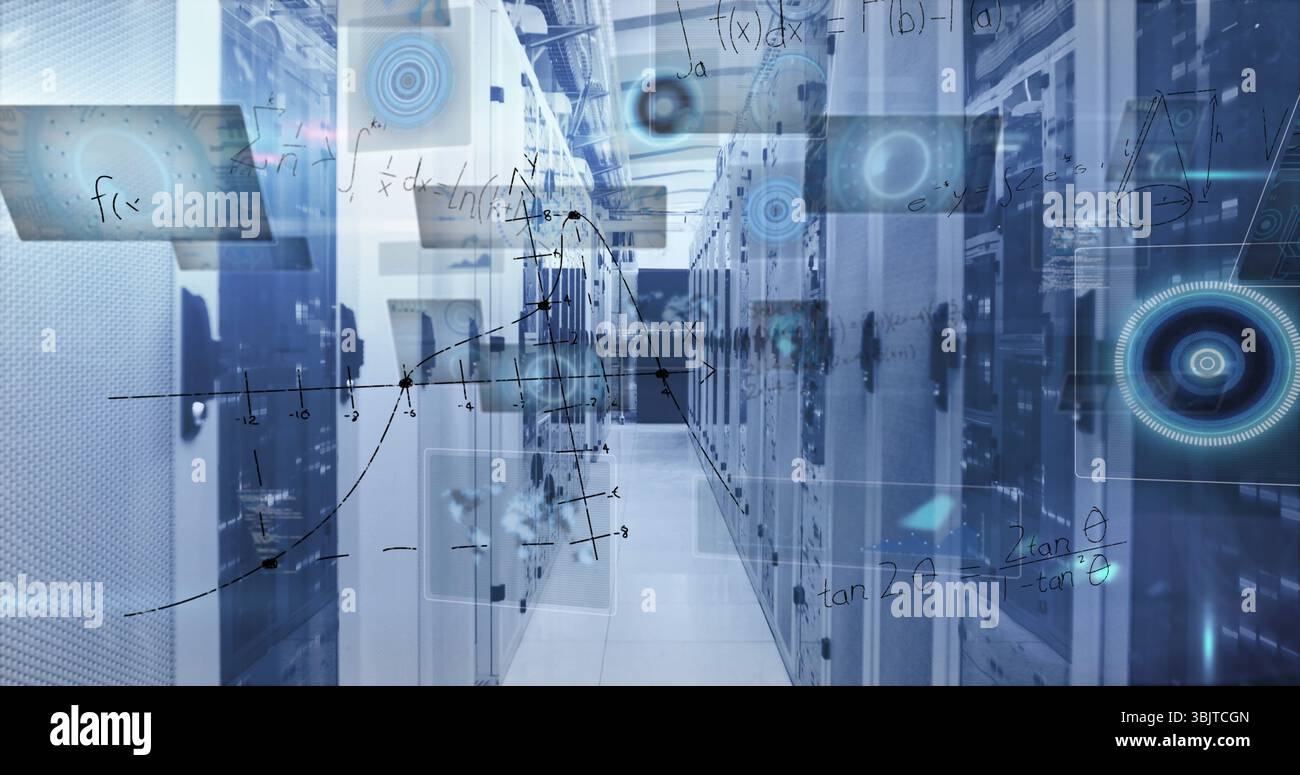 Flashing LED indicators lining central server aisle in data center, displaying holographic graphs Stock Photo