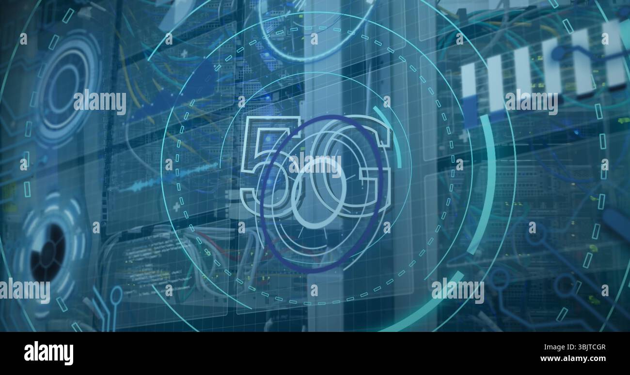 Displaying holographic 5G interface overlaying server racks with LED lights, cables in data center Stock Photo