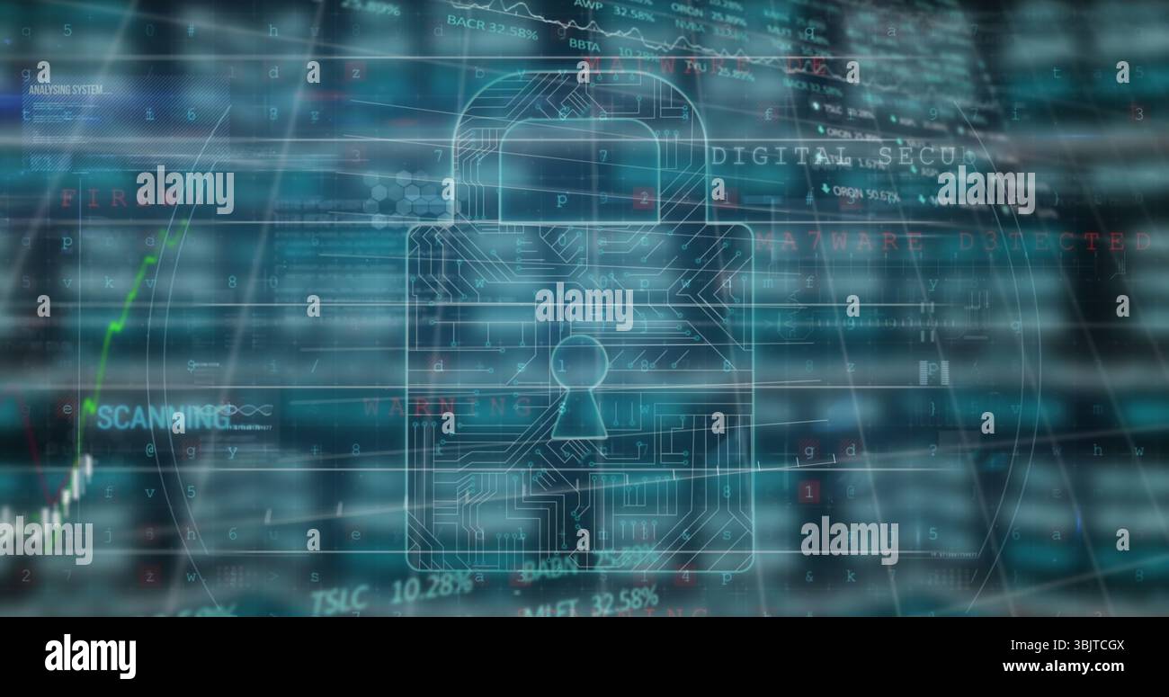 Displaying wireframe padlock icon overlaying dashboard, with code, line graph and status labels Stock Photo