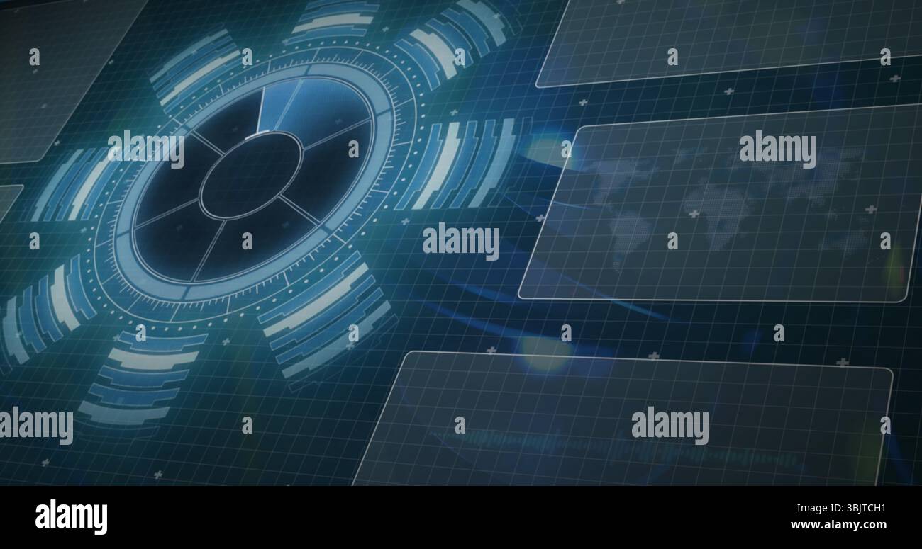 Displaying circular radial interface projecting data rings on grid with panels, world map overlay Stock Photo