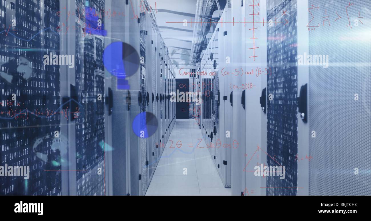Streaming binary code overlays and math equations across data center corridor, with server racks Stock Photo