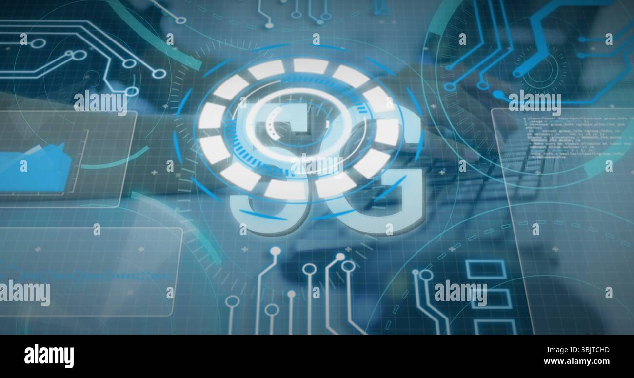 Glowing holographic 5G symbol hovering above grid with circuit traces, progress rings and UI panels Stock Photo