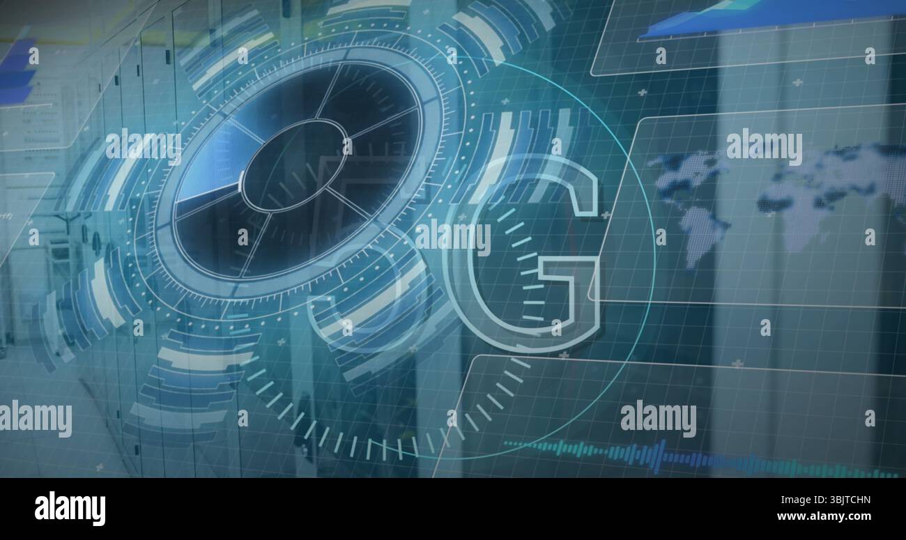 Displaying holographic UI showing radial progress inside data center with server racks, world map Stock Photo