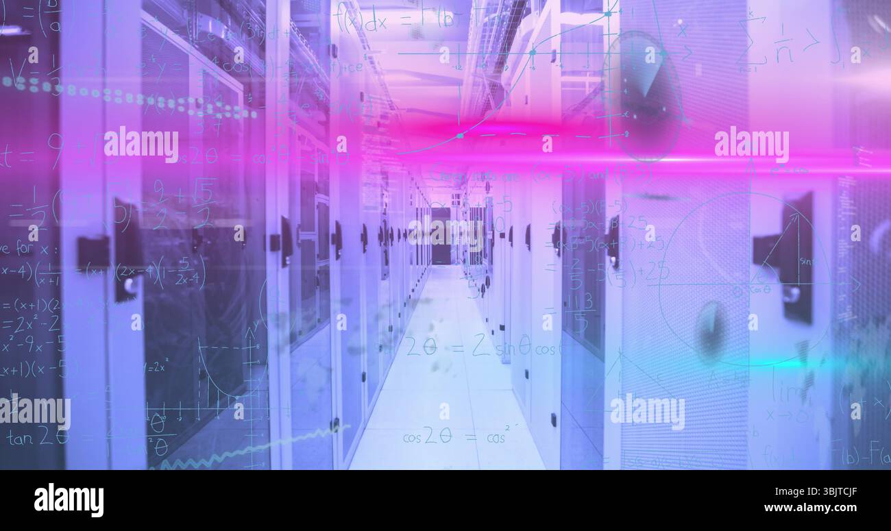Displaying central data center aisle featuring server racks and neon beams, with floating formulas Stock Photo