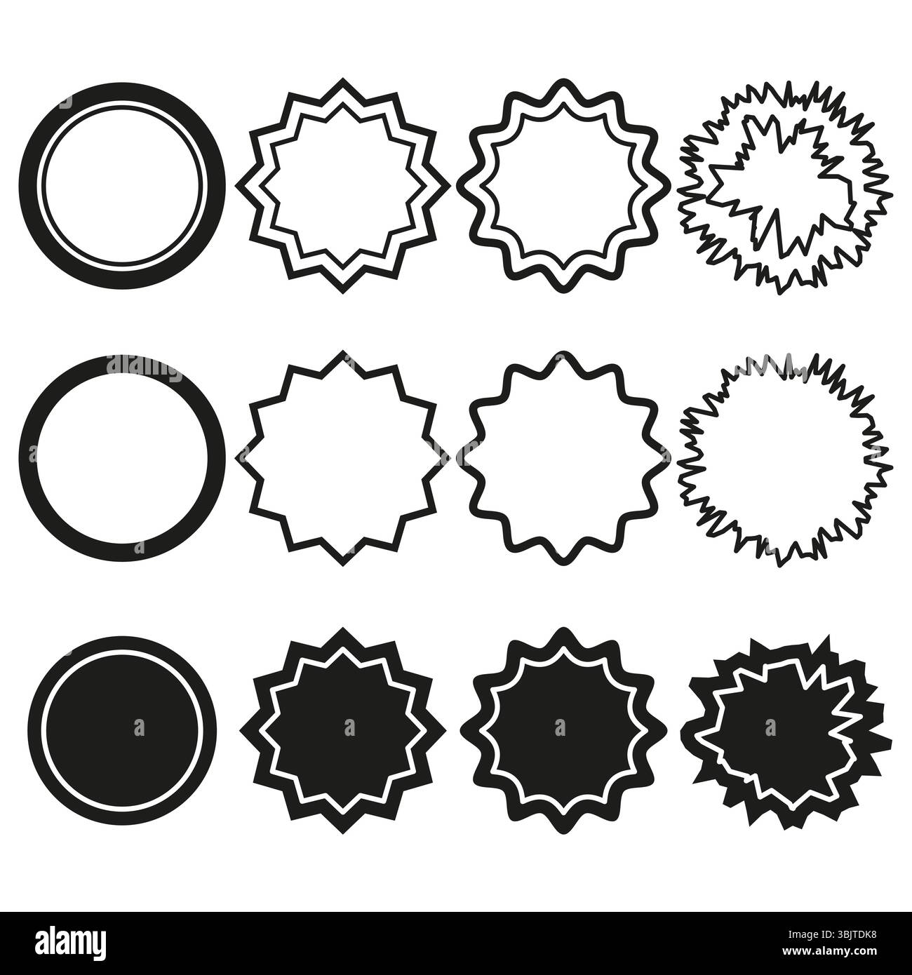Round star shapes. Vector black outlines. Mixed frame elements. Abstract contour set. Stock Vector