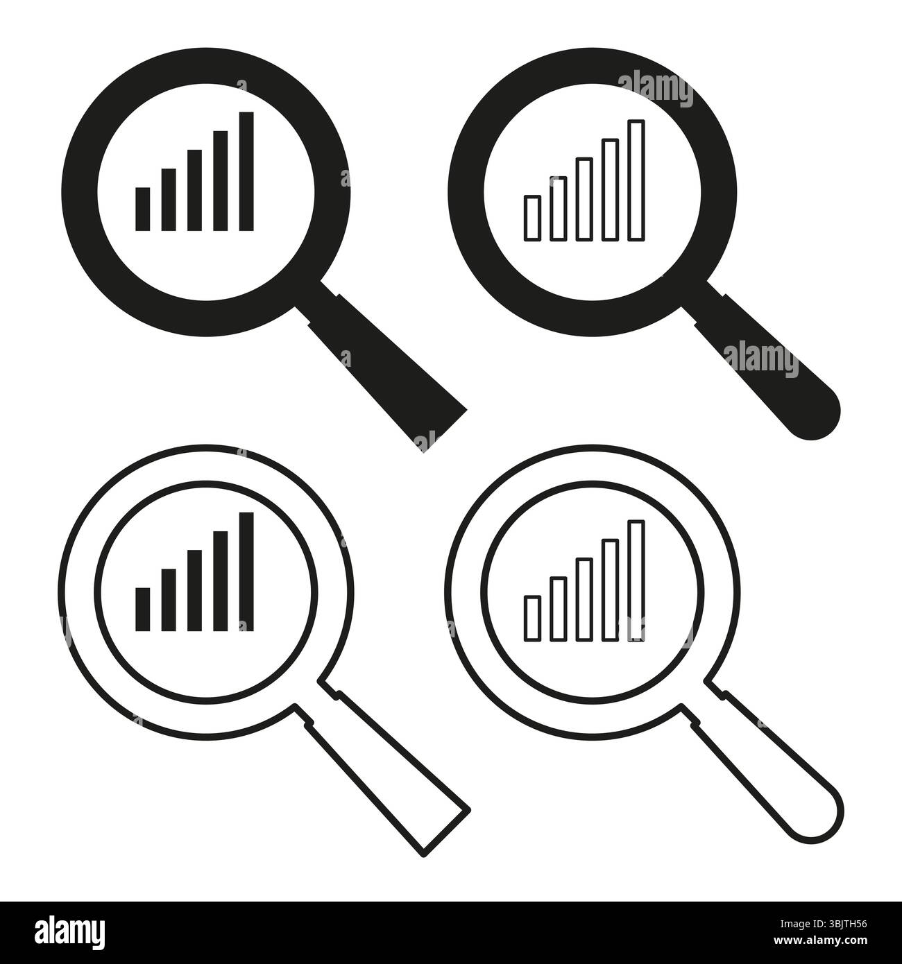 Magnifier icon set. Chart analysis symbol. Vector search elements. Black white contrast. Stock Vector