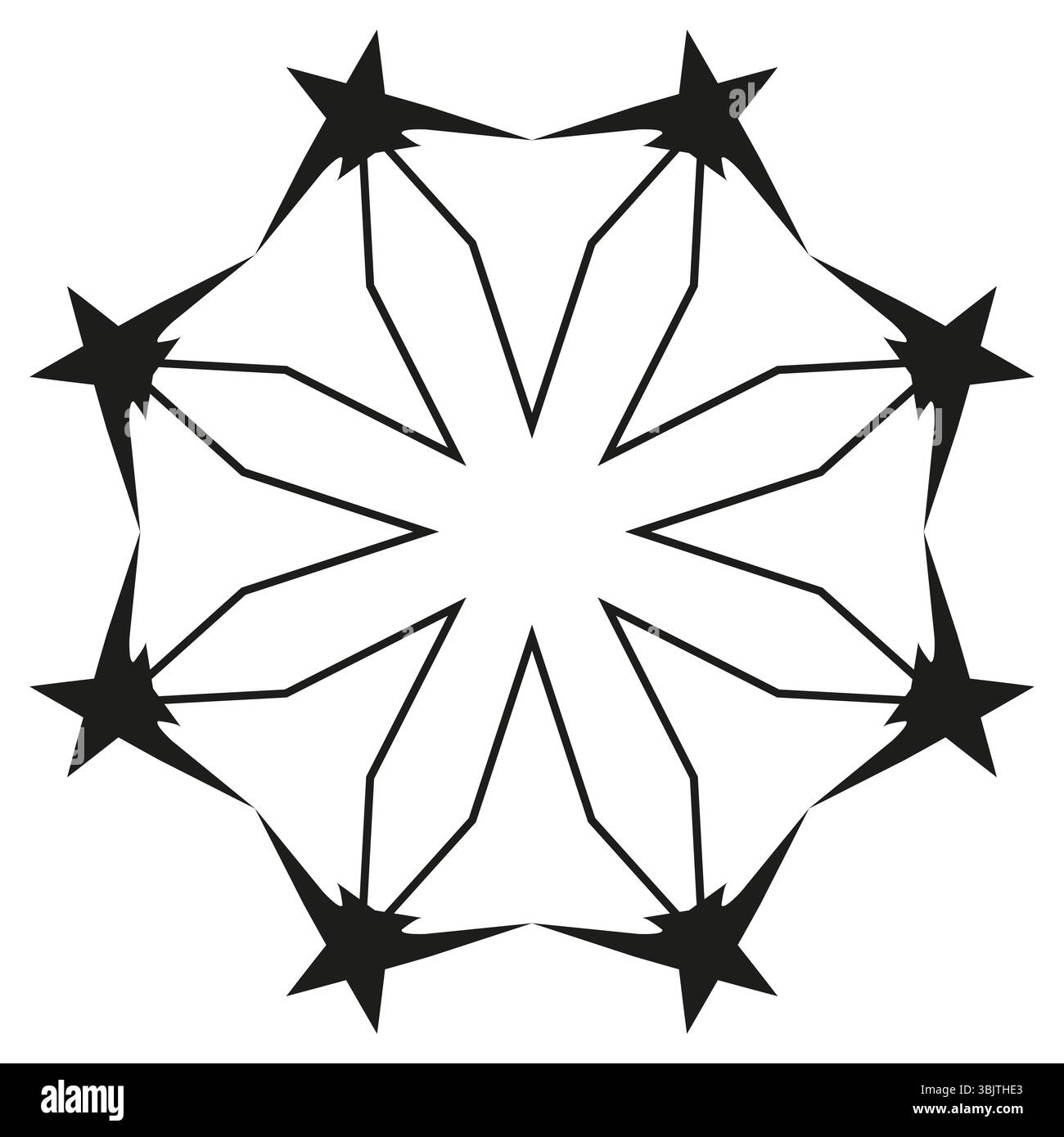 Rotating star icon. Pointed radial emblem. Circular arrow pattern. Vector dynamic shape. Stock Vector
