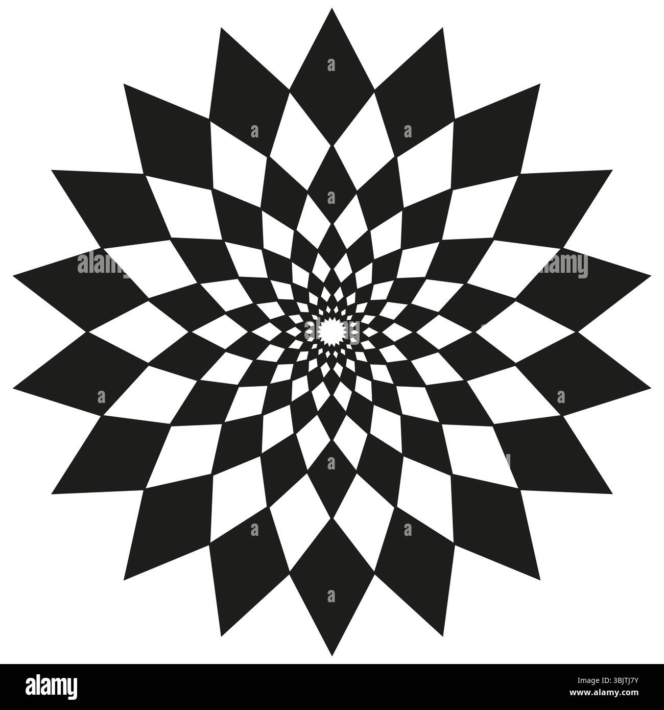 Hypnotic petal vortex. Checkered vector rotation. Spiral black pattern. Optical illusion shape. Stock Vector