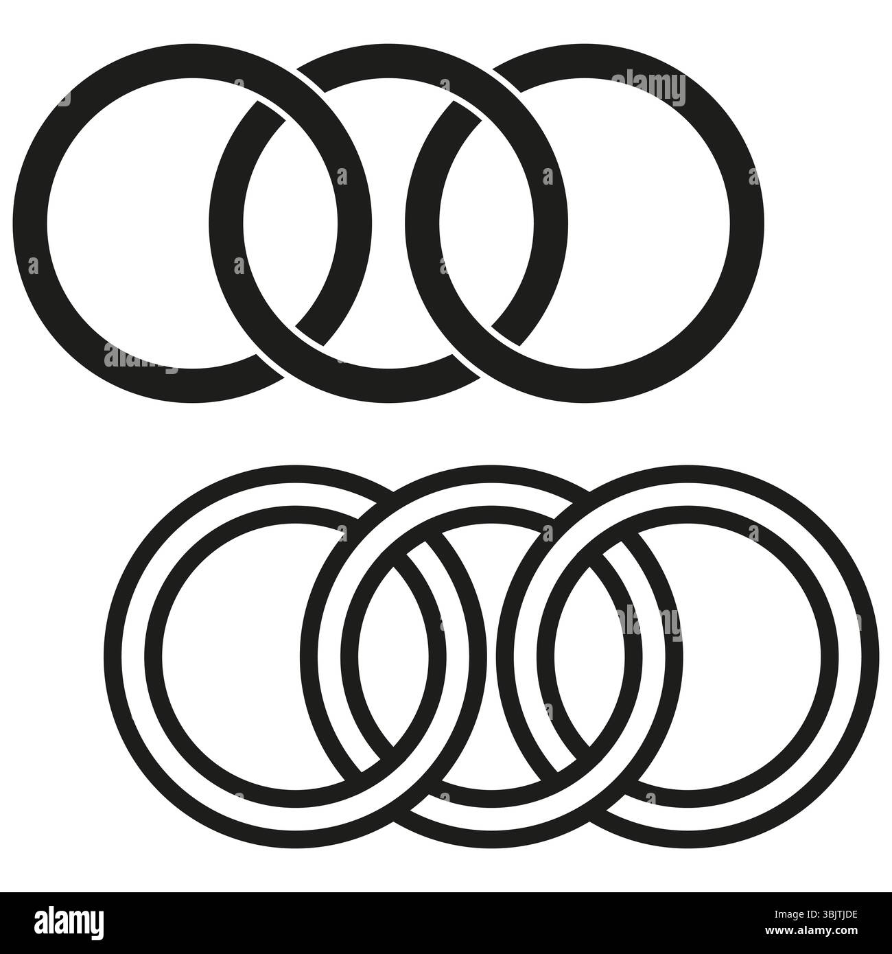 Linked ring icon. Overlapping circle shapes. Black bold loops. Vector intertwined symbol. Stock Vector