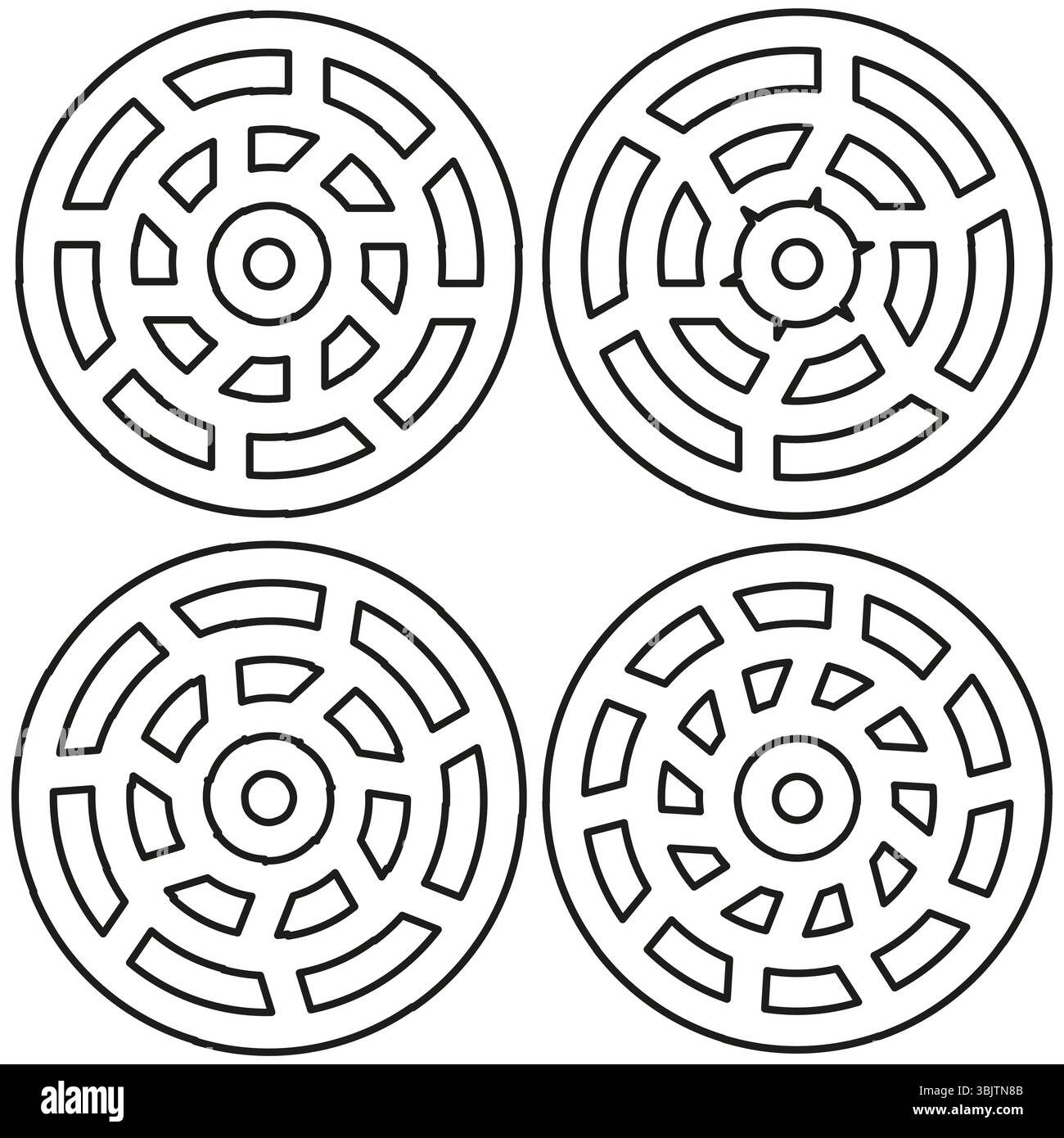 Circular maze icons. Rounded labyrinth symbol. Puzzle structure set. Vector navigation design. Stock Vector