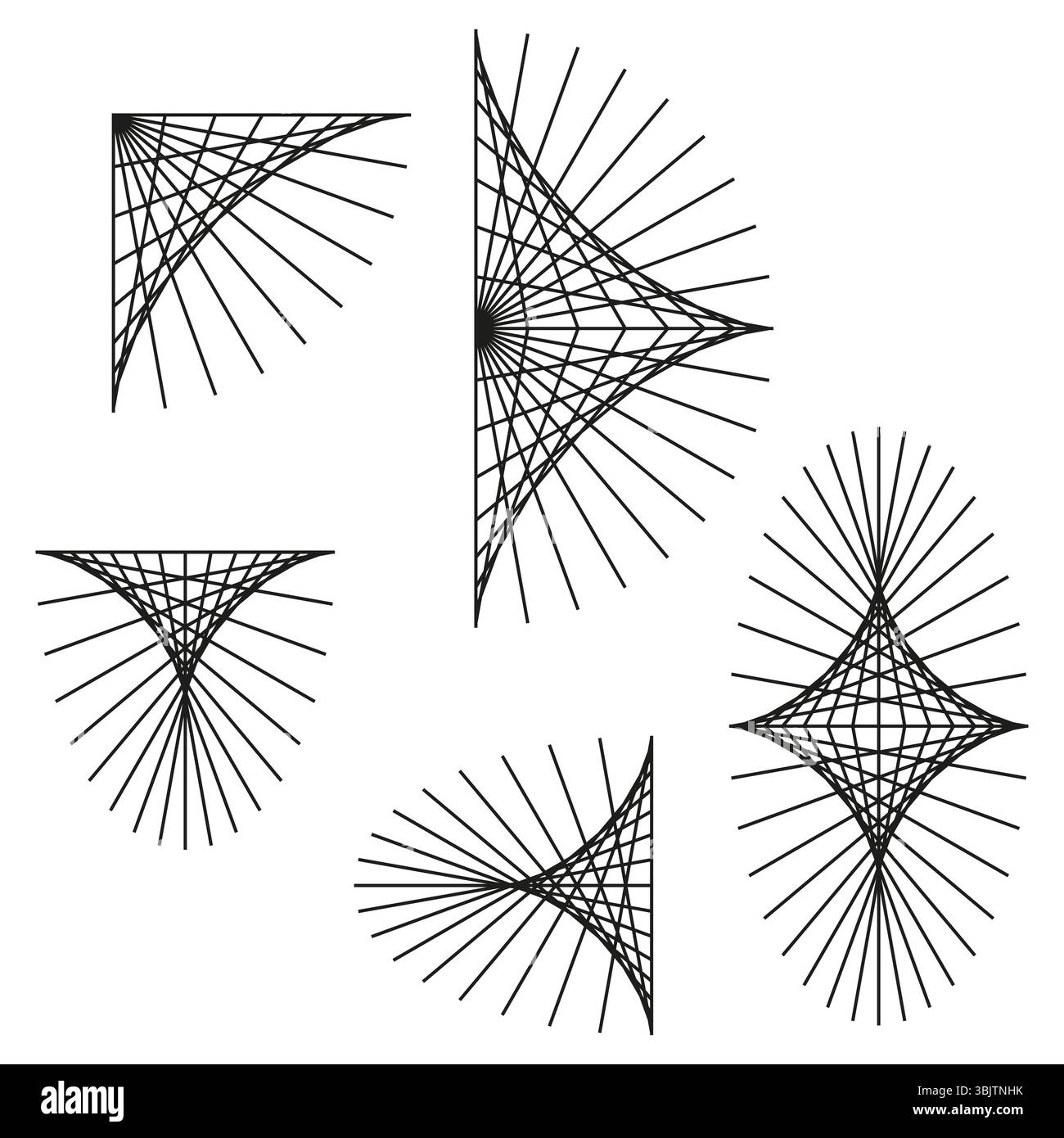 Geometric line elements. Thin radial pattern. Abstract spirograph forms. Vector drawing shapes. Stock Vector