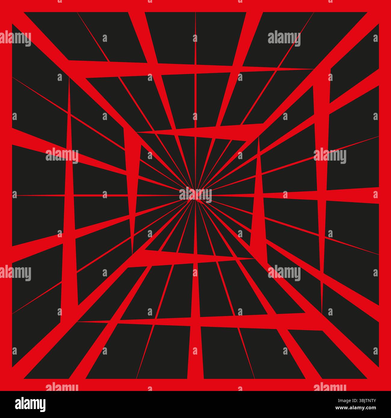 Red tunnel effect. Vector optical grid. Perspective depth illusion. Geometric black background Stock Vector