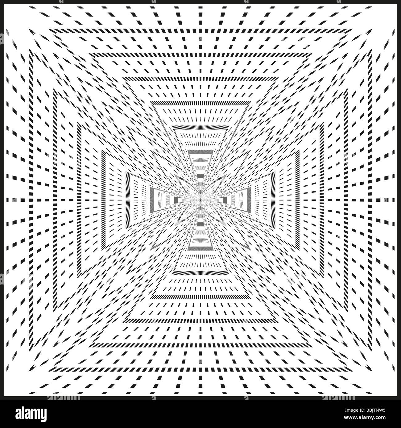 Perspective square shape. Geometric tunnel vector. Abstract concentric form. Light illusion grid. Stock Vector