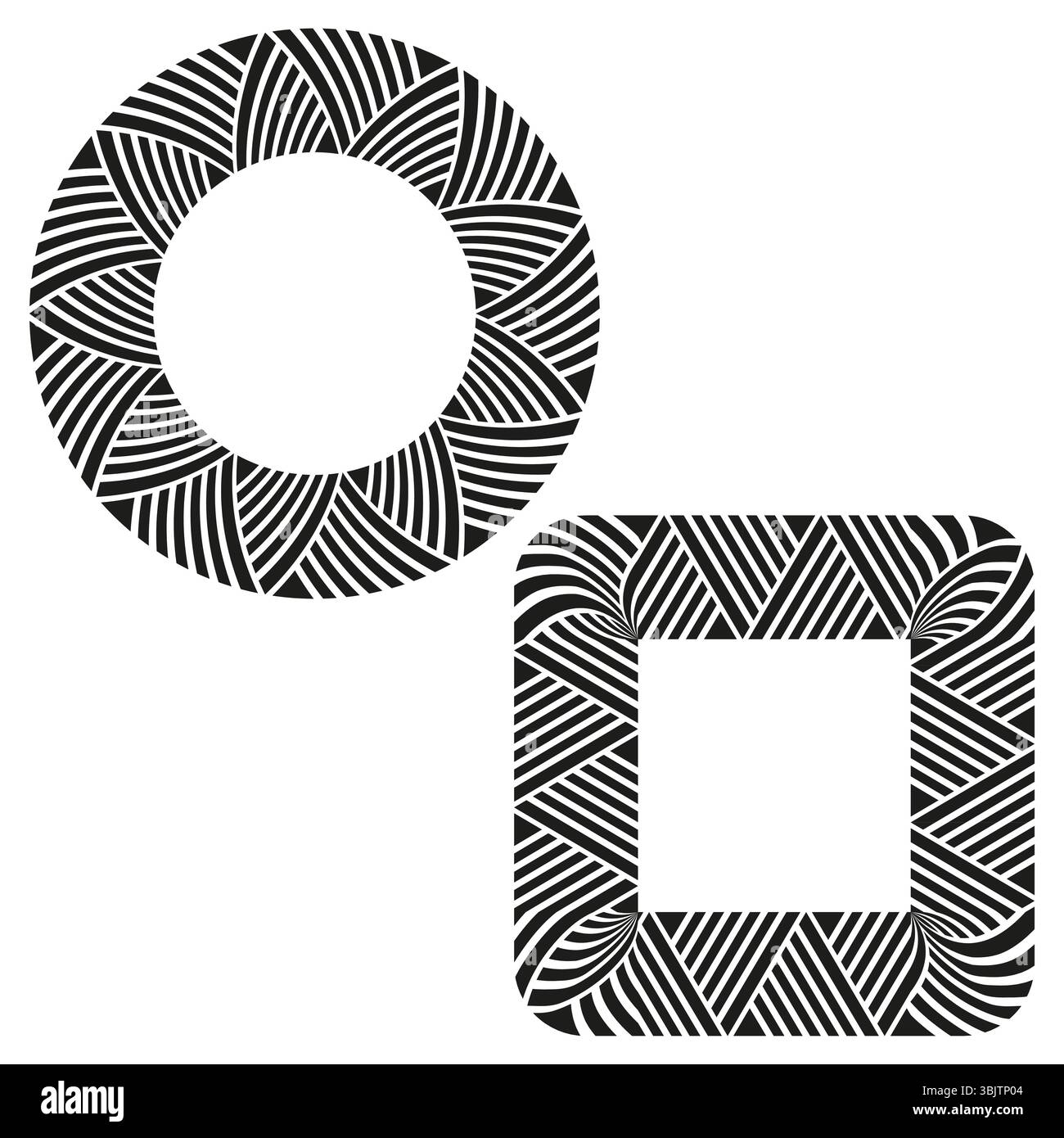 Circle frame icon. Square pattern shape. Curved stripe vector. Black white contrast. Stock Vector